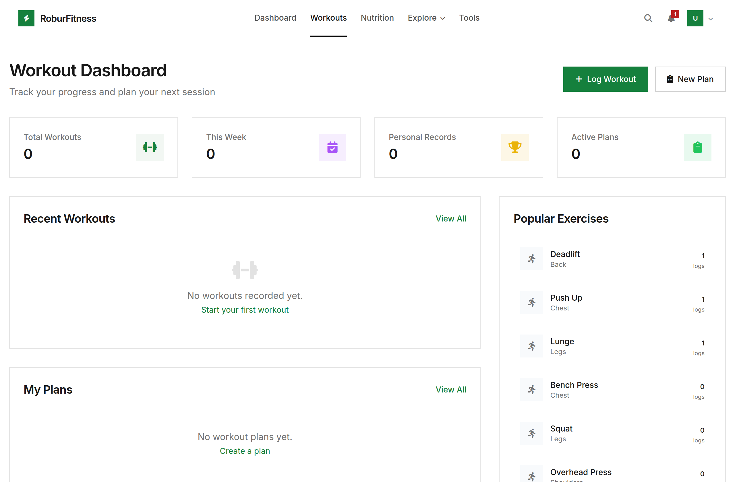 The RoburFitness workout dashboard